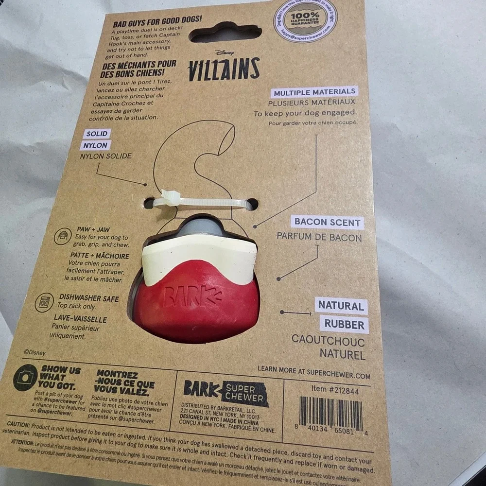 Bark Super Chewer Captains Hook Dog Toy Small Red New Bacon Scent